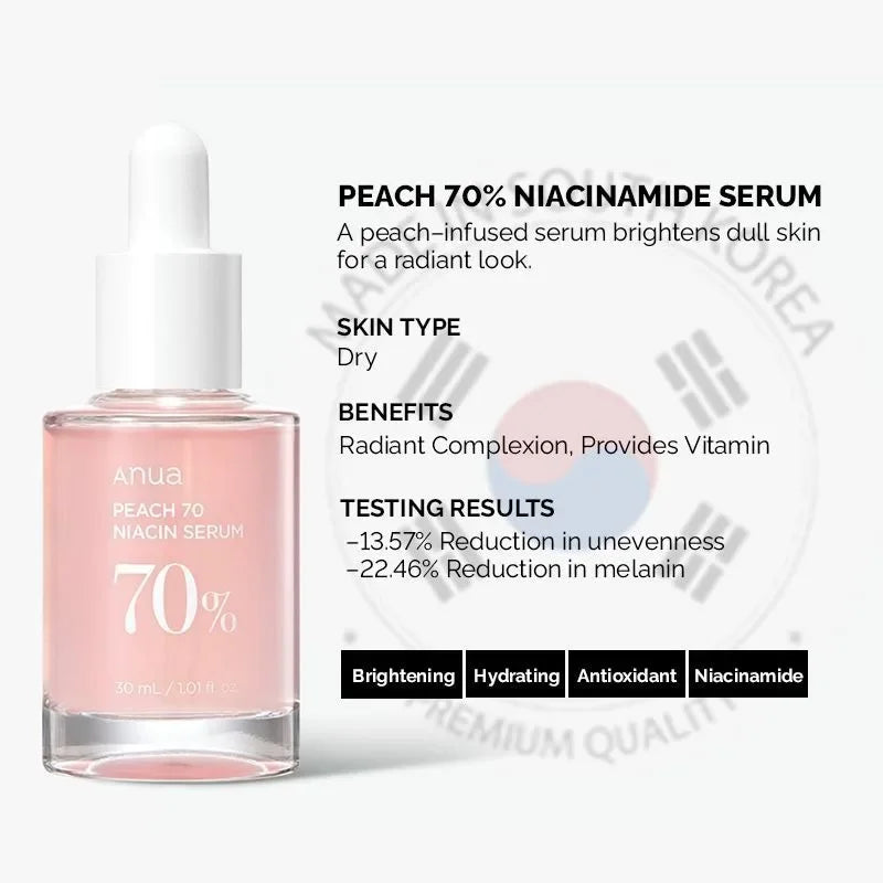 Anua Peach 70 Niacinamide Serum 30Ml, brightening & hydrating Facial Serum, Korean Skincare