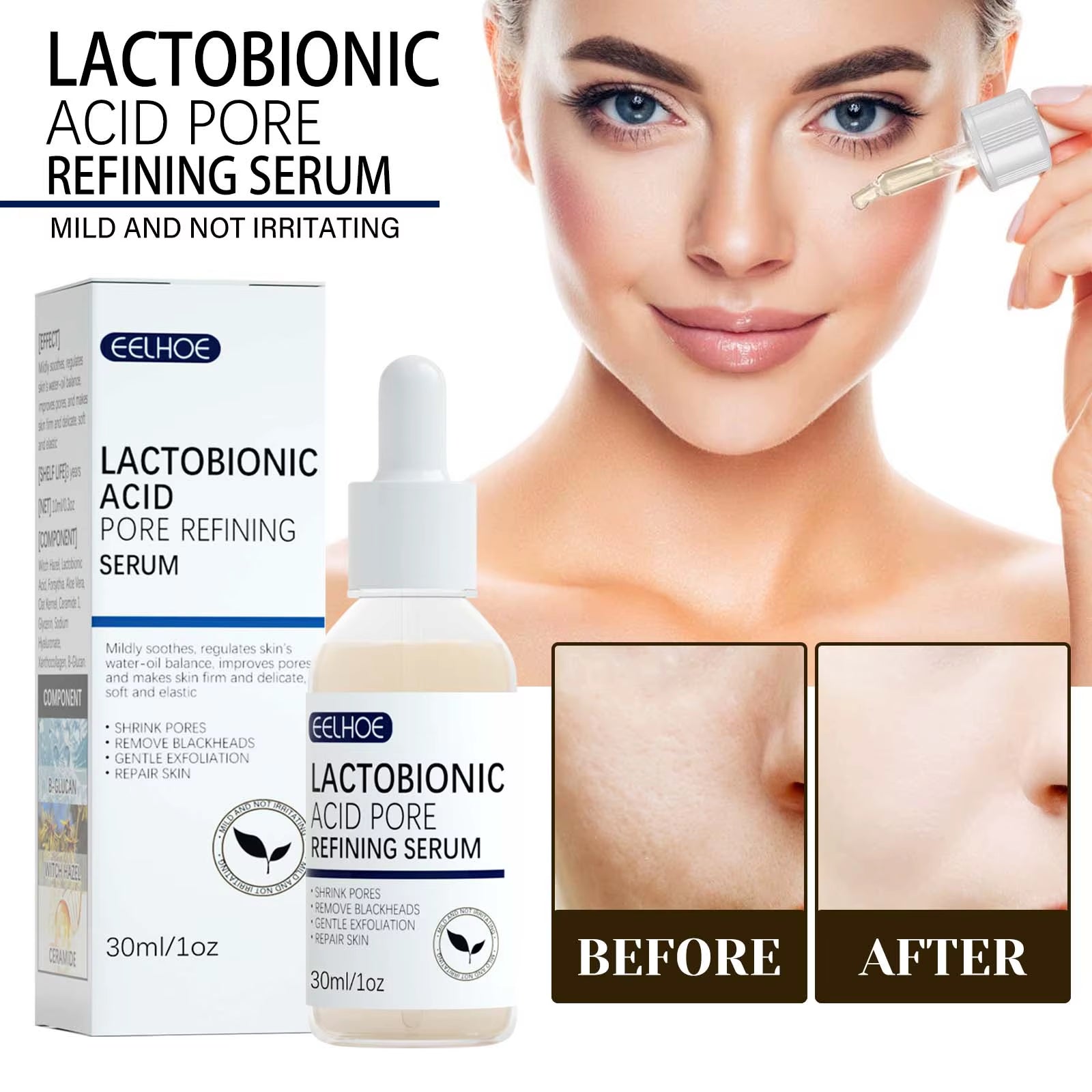 Lactobionic Acid Shrink Pores Serum Moisturizing Remove Blackheads Repair Face Pores Skin Firming Brighten Nourish Face Essence