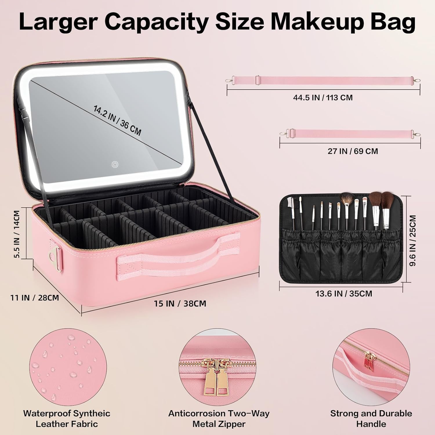 Large Capacity Makeup Bag with LED Mirror, Professional Makeup Case Organizer with 3 Color Light Adjustable Brightness, Detachable Dividers & Shoulder Strap