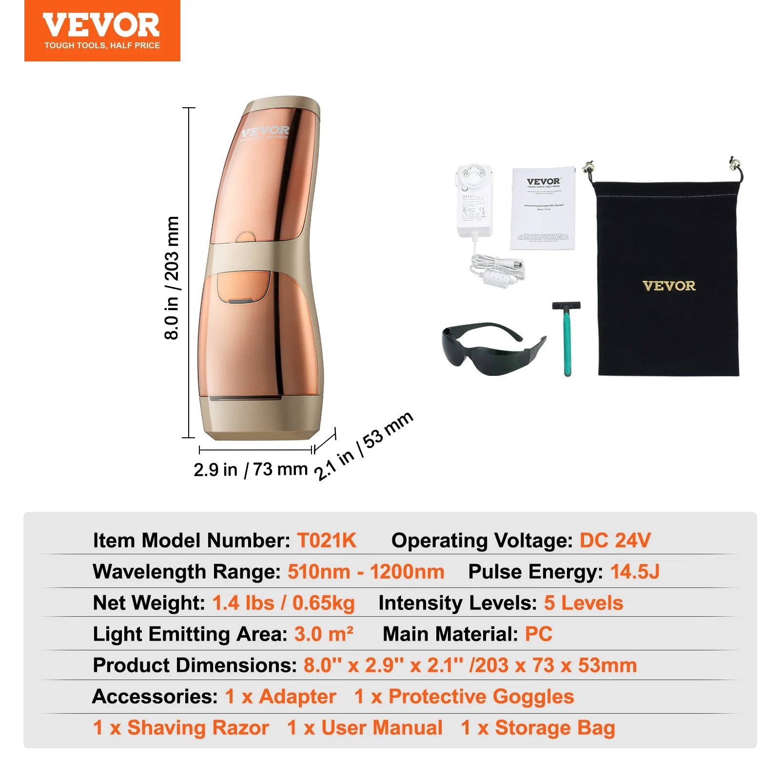 VEVOR IPL Hair Permanent Hair Removal with Sapphire Ice cooling system, painless, 5 levels with manual & auto