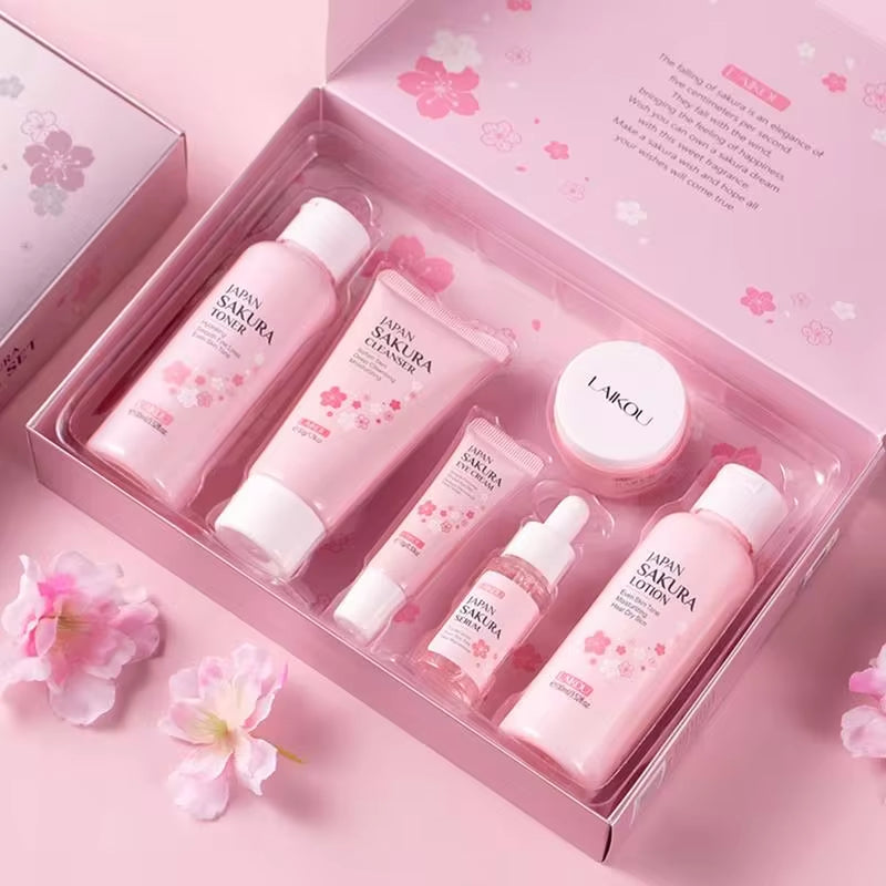 Korean Sakura Facial Cleaner, Face Serum, Gel Moisture, Eye Cream Skin Care Set Women Gift