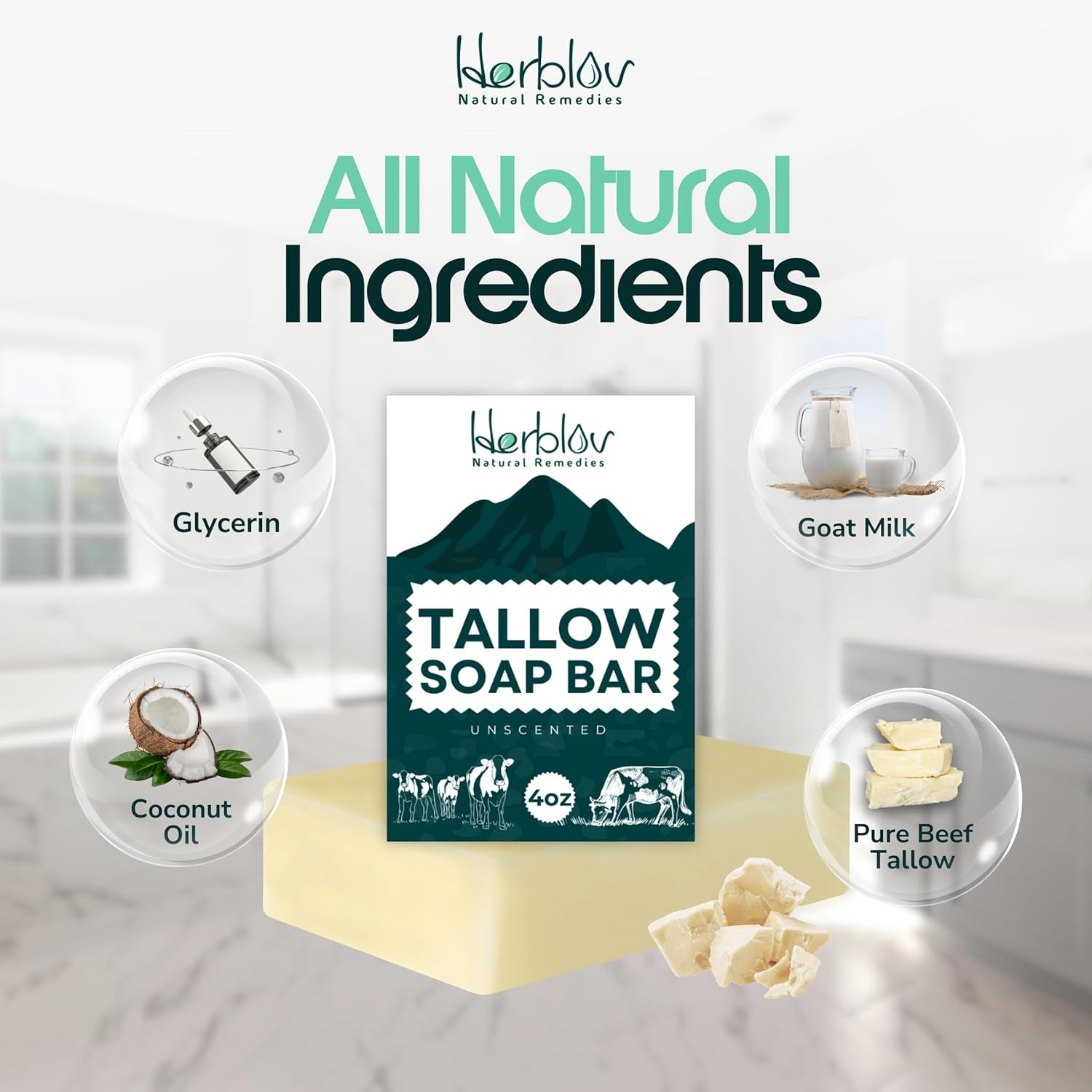 Beef Tallow Soap Bar – All Natural Grass Fed Tallow Soap Unscented – Moisturizing Face & Body Wash Great for Eczema, Dry, Itchy, Sensitive Skin – Handcrafted Bath Soap for Adults & kids