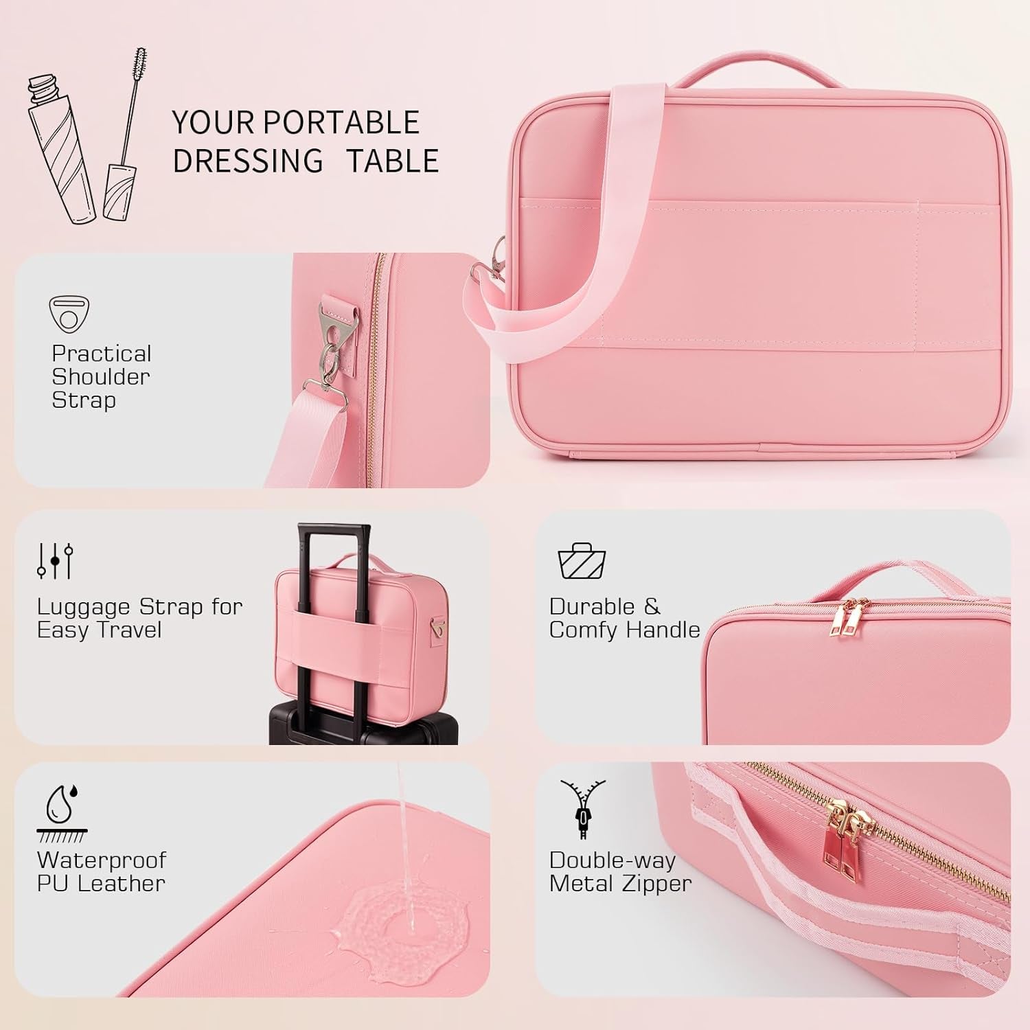 Large Capacity Makeup Bag with LED Mirror, Professional Makeup Case Organizer with 3 Color Light Adjustable Brightness, Detachable Dividers & Shoulder Strap