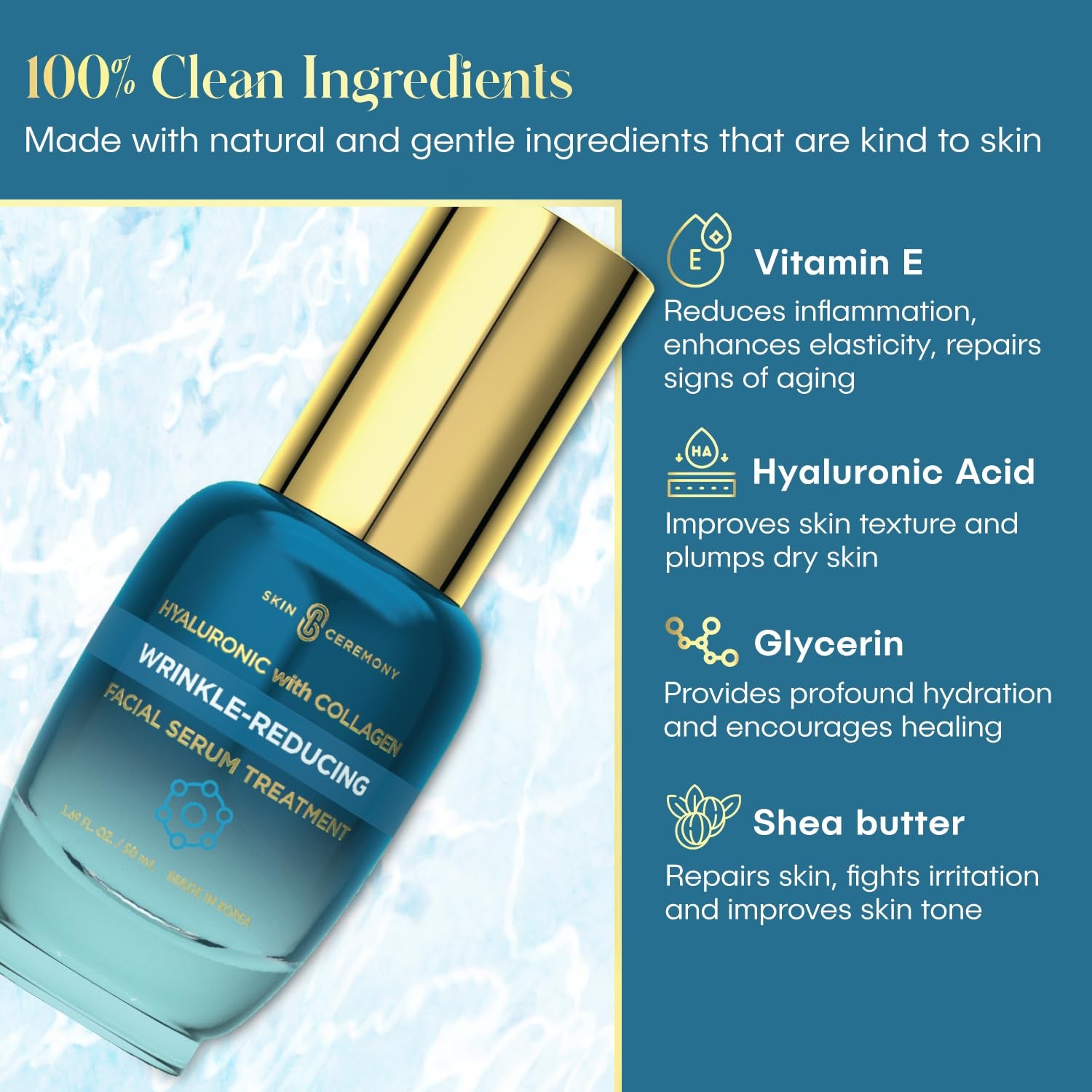 Hyaluronic Acid & Collagen Wrinkle Reducing Serum - Deep Hydration, Plumps & Smooths Skin - Dermatologist Tested, Clean Beauty, Korean Skin Care