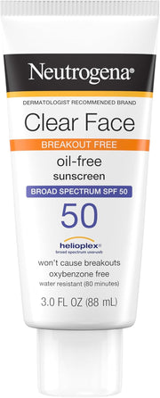 Clear Face Sunscreen Lotion for Acne-Prone Skin, Broad Spectrum SPF 50 Facial Sunscreen for Oily Skin, Oil-, Fragrance- & Oxybenzone-Free Water Resistant Sunscreen