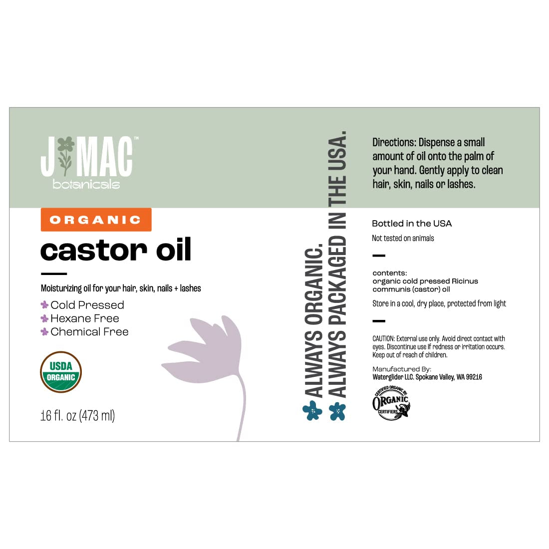 Organic Castor Oil Cold Pressed (Glass Bottle ) Pure Unrefined, Hexane Free for Face, Skin, Eyelashes, Pack Wraps, Pads