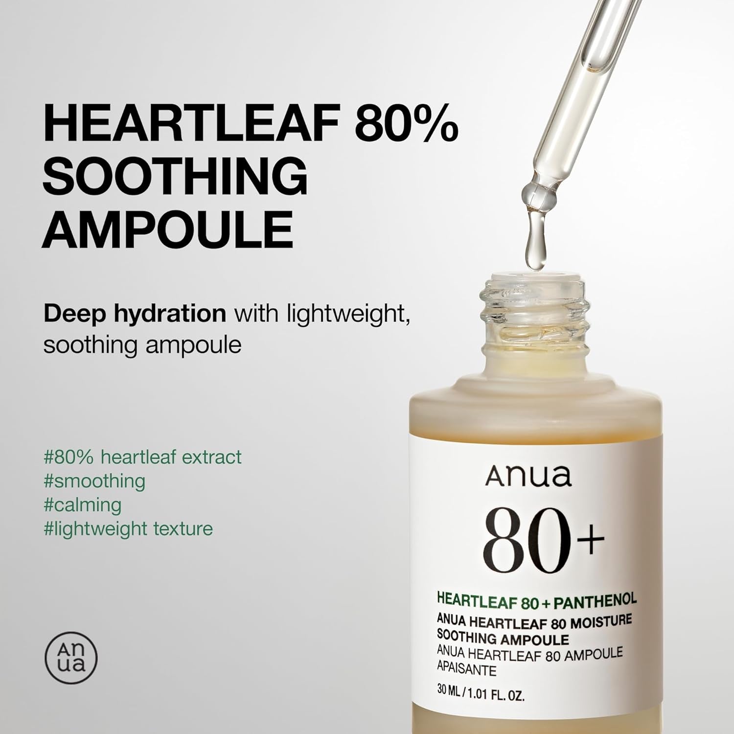 Heartleaf 80 Soothing Ampoule, Hydration Facial Serum for Glass Skin, Panthenol, Hyaluronic Acid, Non-Greasy, Gentle Formula, Lightweight Essence, Vegan, Korean Skin Care