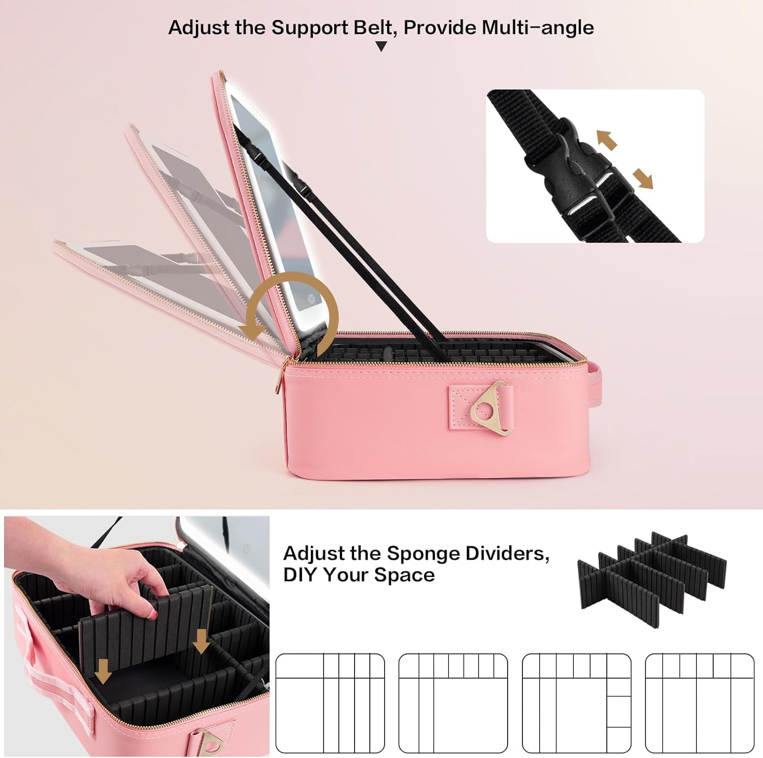 Large Capacity Makeup Bag with LED Mirror, Professional Makeup Case Organizer with 3 Color Light Adjustable Brightness, Detachable Dividers & Shoulder Strap