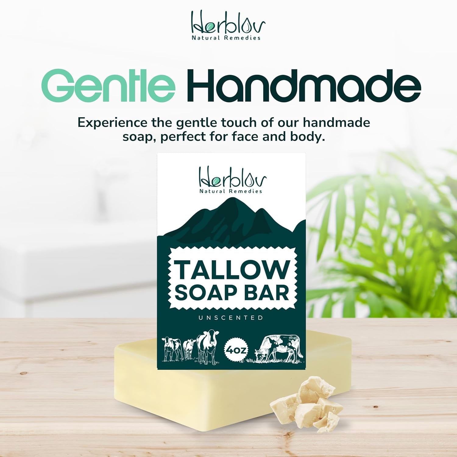 Beef Tallow Soap Bar – All Natural Grass Fed Tallow Soap Unscented – Moisturizing Face & Body Wash Great for Eczema, Dry, Itchy, Sensitive Skin – Handcrafted Bath Soap for Adults & kids