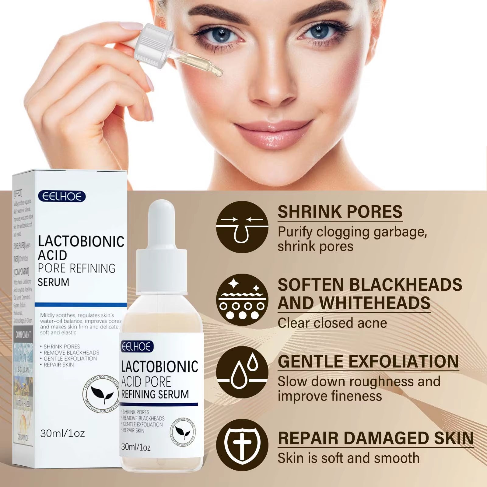 Lactobionic Acid Shrink Pores Serum Moisturizing Remove Blackheads Repair Face Pores Skin Firming Brighten Nourish Face Essence