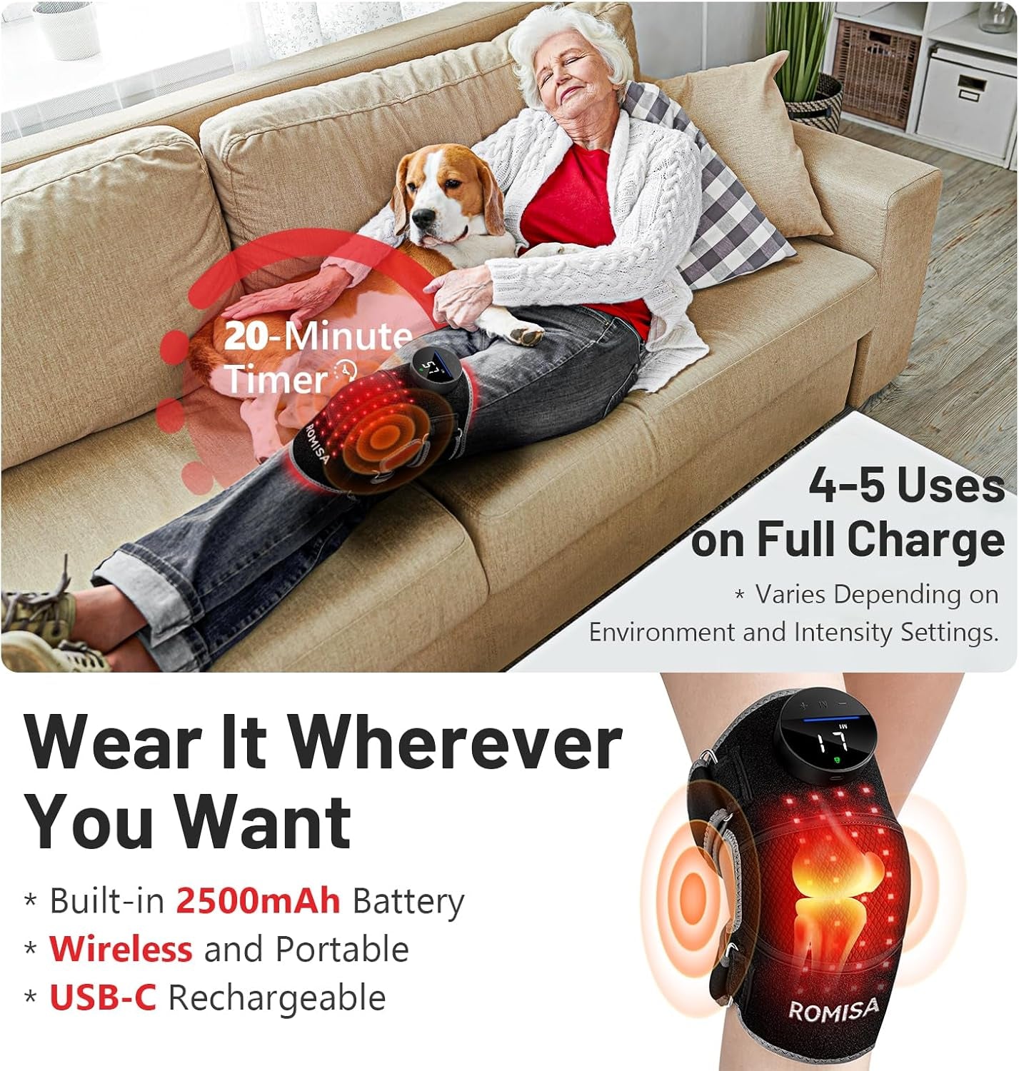 Red Light Therapy Knee Brace&Vibration Knee Massage for Pain Relief, Rechargeable Infrared Light Therapy Device for Knee/Elbow/Shoulder Faster Recovery