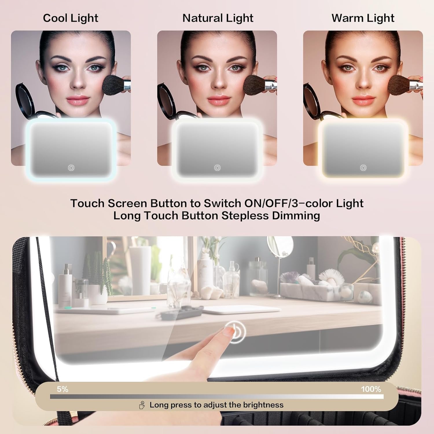 Large Capacity Makeup Bag with LED Mirror, Professional Makeup Case Organizer with 3 Color Light Adjustable Brightness, Detachable Dividers & Shoulder Strap