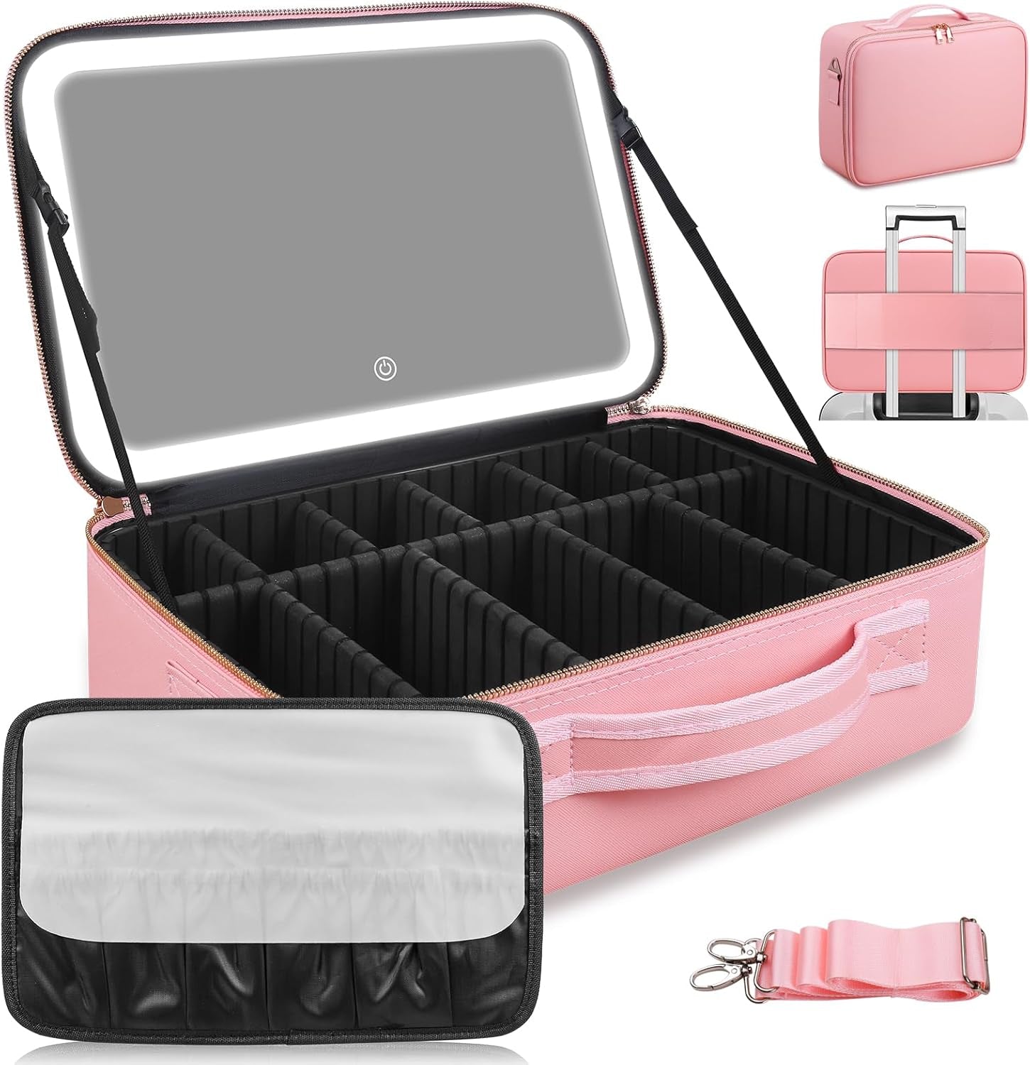 Large Capacity Makeup Bag with LED Mirror, Professional Makeup Case Organizer with 3 Color Light Adjustable Brightness, Detachable Dividers & Shoulder Strap