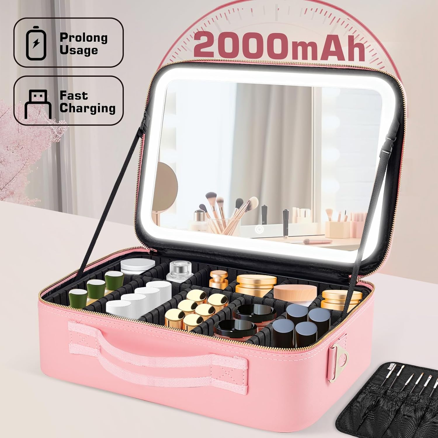 Large Capacity Makeup Bag with LED Mirror, Professional Makeup Case Organizer with 3 Color Light Adjustable Brightness, Detachable Dividers & Shoulder Strap